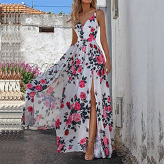 Hnewly Sexy V Neck Floral Print Sling Dress Women Elegant Chic Slit Beach Maxi Summer Fashion Waist