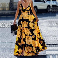 Hnewly Sexy V Neck Floral Print Sling Dress Women Elegant Chic Slit Beach Maxi Summer Fashion Waist