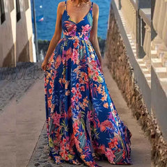 Hnewly Sexy V Neck Floral Print Sling Dress Women Elegant Chic Slit Beach Maxi Summer Fashion Waist