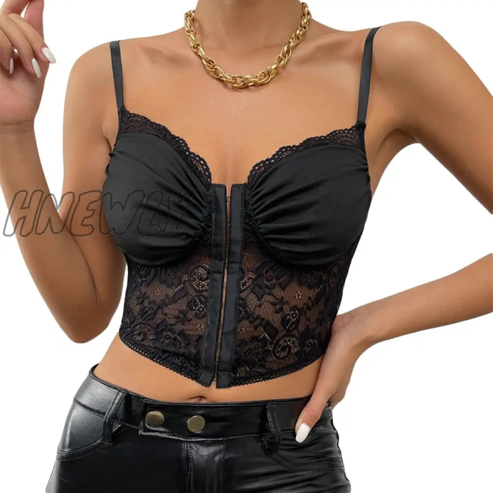 Hnewly Sexy Women Bodycon Crop Tops Black Lace Hem Pleated Cropped Tank See Through Clothes For