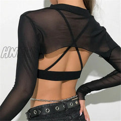 Hnewly Sexy Women Crop Top Mesh Sleeve T-Shirt Tops Hollow Out Transparent Ladies T Shirt Black