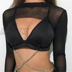 Hnewly Sexy Women Crop Top Mesh Sleeve T-Shirt Tops Hollow Out Transparent Ladies T Shirt Black