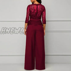 Hnewly Sexy Women Lace Hollow Out Jumpsuit Spring Autumn Solid O-Neck Half Sleeve Party Rompers