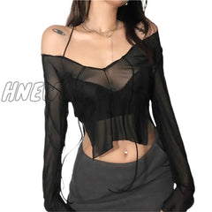 Hnewly Sexy Women Mesh Long Sleeved T Shirt With Adjustable Straps Black See Through V Neck Split