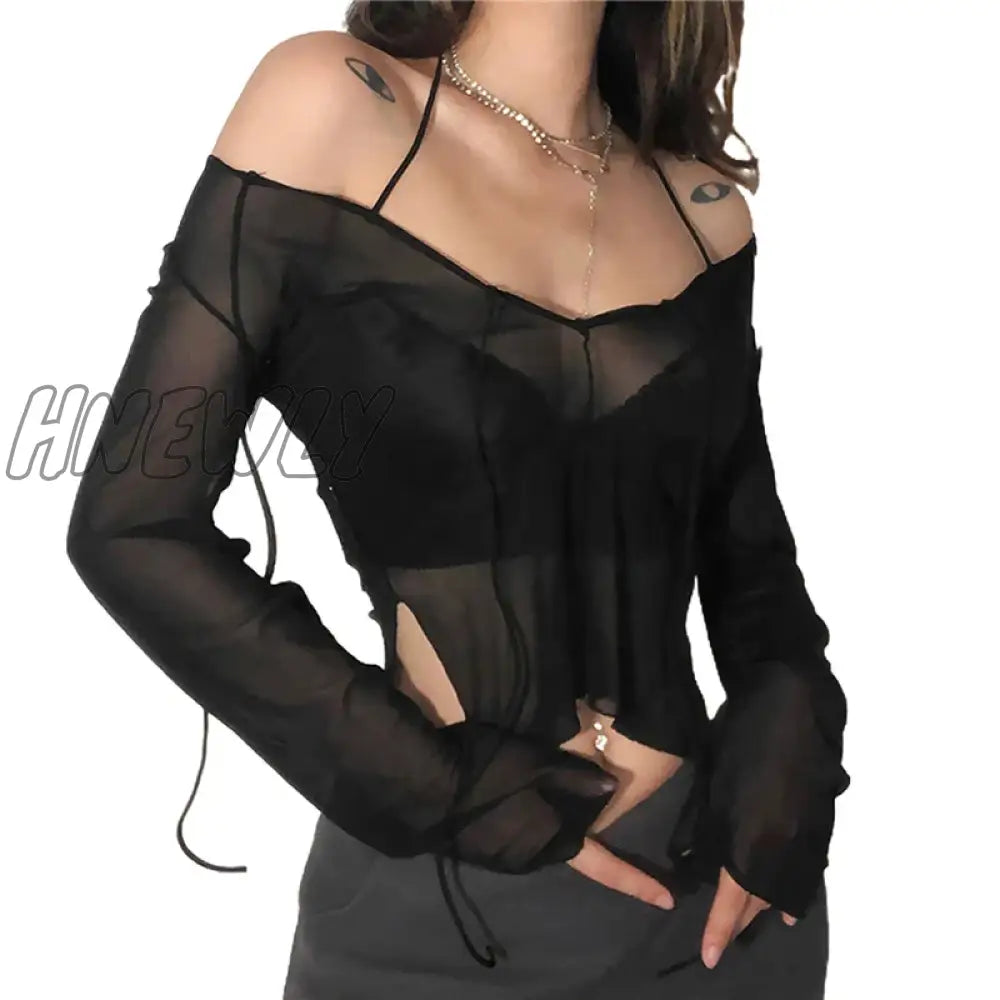 Hnewly Sexy Women Mesh Long Sleeved T Shirt With Adjustable Straps Black See Through V Neck Split