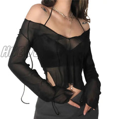 Hnewly Sexy Women Mesh Long Sleeved T Shirt With Adjustable Straps Black See Through V Neck Split