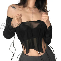 Hnewly Sexy Women Mesh Long Sleeved T Shirt With Adjustable Straps Black See Through V Neck Split
