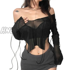 Hnewly Sexy Women Mesh Long Sleeved T Shirt With Adjustable Straps Black See Through V Neck Split