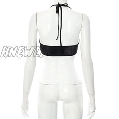 Hnewly Sexy Y2K Fashion Backless Bandage Halter Black Crop Top 2000S Rave Outfit Ruched Lettuce