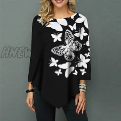 Hnewly Shirt Blouse Women Plus Size 5Xl Fashion New Spring Print Blue Tops 3/4 Sleeve Elasticity