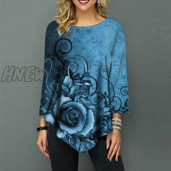 Hnewly Shirt Blouse Women Plus Size 5Xl Fashion New Spring Print Blue Tops 3/4 Sleeve Elasticity