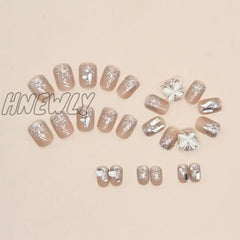 Hnewly Short Round False Nails Detachable French Pink Butterfly Nail Tips Full Cover Green Edge