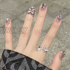 Hnewly Short Round False Nails Detachable French Pink Butterfly Nail Tips Full Cover Green Edge