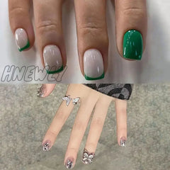 Hnewly Short Round False Nails Detachable French Pink Butterfly Nail Tips Full Cover Green Edge