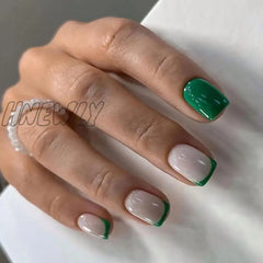 Short Round False Nails Detachable French Pink Butterfly Nail Tips Full Cover Green Edge Fake Nails for DIY