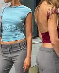 Hnewly Short Sleeve Backless Tops Women Multi Ways Wear Skinny Basic Summer Slim Cropped Cut Out