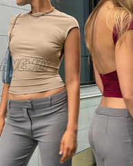 Hnewly Short Sleeve Backless Tops Women Multi Ways Wear Skinny Basic Summer Slim Cropped Cut Out