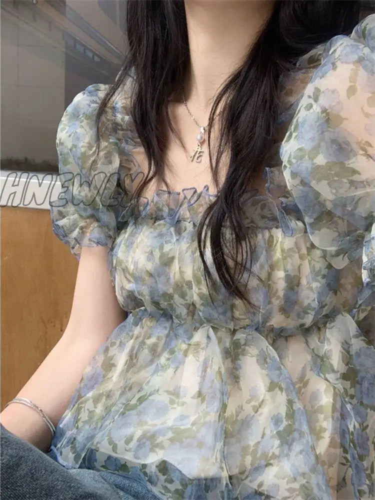 Hnewly Short-Sleeve T-Shirts Women Chic Summer Tops New Slim Mesh Hotsweet Girls Ruffles French