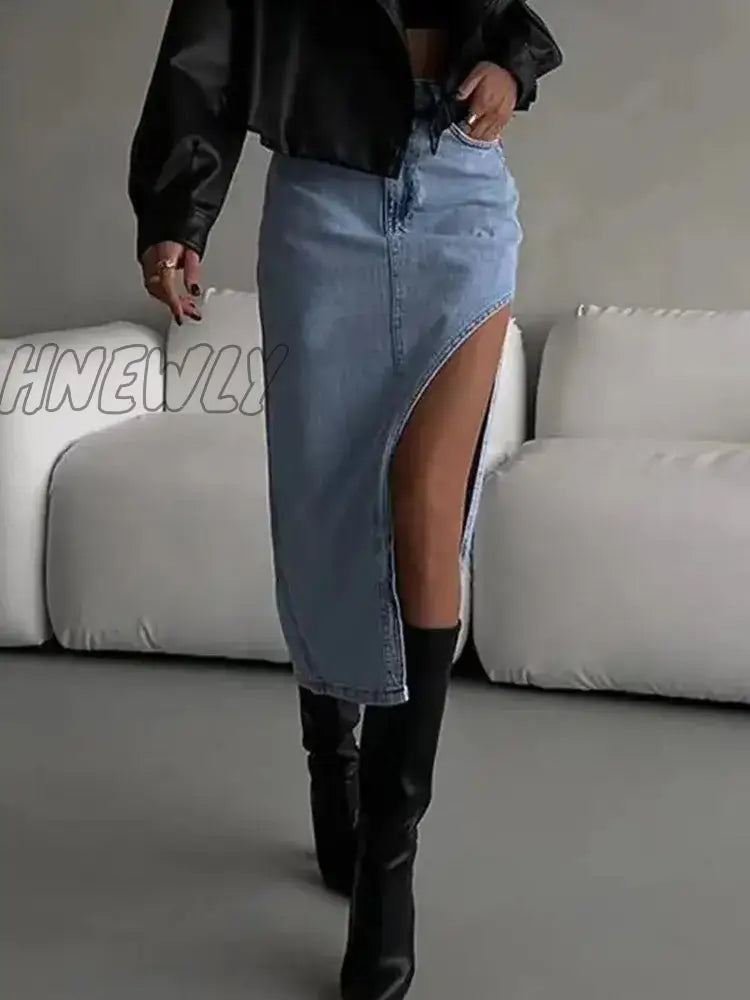 Hnewly Side Split Skirt Women High Wait Midi 2024 Blue Zipper Solid Fashion Straight Jean