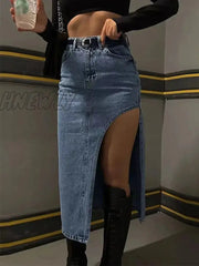 Hnewly Side Split Skirt Women High Wait Midi 2024 Blue Zipper Solid Fashion Straight Jean