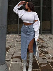 Hnewly Side Split Skirt Women High Wait Midi 2024 Blue Zipper Solid Fashion Straight Jean