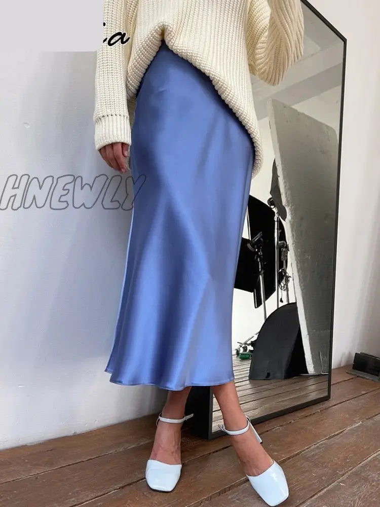 Hnewly Silk Satin Skirts For Women High Waisted Skirt A-Line Elegant Summer Pink Midi New Korean