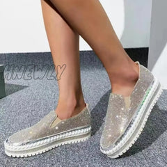 Hnewly - Silver Casual Patchwork Rhinestone Round Comfortable Out Door Flats Shoes Shoes