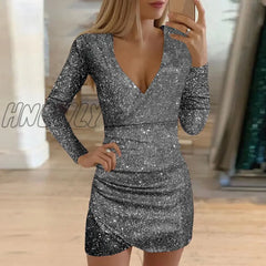 Hnewly Silver Sequins Party Dress Women Sexy Glitter Fabric V Neck Long Sleeve Dresses Slim Elegant