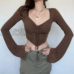 Hnewly Skinny Crop Top Women Spring Summer Vintage Flare Sleeve Drawstring Sexy T Shirt American