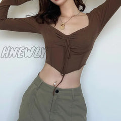 Hnewly Skinny Crop Top Women Spring Summer Vintage Flare Sleeve Drawstring Sexy T Shirt American