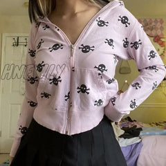 Hnewly Skull Sweatshirt Womens Clothing Y2K Aesthetic Kawaii Zip Up Long Sleeve Top With Pockets