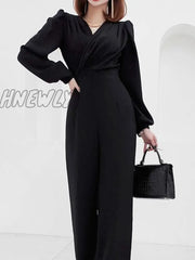 Hnewly Slant Pocket Pleated Flutter Sleeve Jumpsuit Female Ol Work V Neck Jumpsuits For Women High