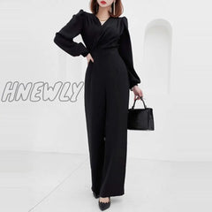 Hnewly Slant Pocket Pleated Flutter Sleeve Jumpsuit Female Ol Work V Neck Jumpsuits For Women High