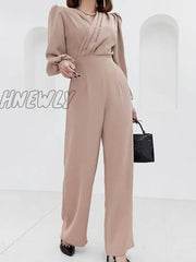 Hnewly Slant Pocket Pleated Flutter Sleeve Jumpsuit Female Ol Work V Neck Jumpsuits For Women High
