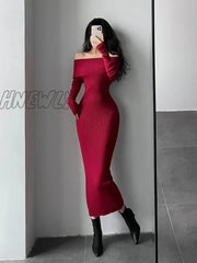 Hnewly Slash Neck Tight Long Skinny Hip Sleeve Maxi Sweater Dress Red Korean Fashion Tops