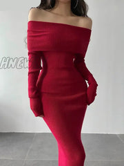 Hnewly Slash Neck Tight Long Skinny Hip Sleeve Maxi Sweater Dress Red Korean Fashion Tops