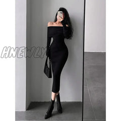 Hnewly Slash Neck Tight Long Skinny Hip Sleeve Maxi Sweater Dress Red Korean Fashion Tops Black / S