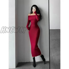 Hnewly Slash Neck Tight Long Skinny Hip Sleeve Maxi Sweater Dress Red Korean Fashion Tops Red / S