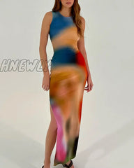 Hnewly Sleeveless Backless Maxi Dress Women Summer Bodycon Elegant Sexy Tie Dye Outfits Ladies