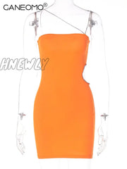 Hnewly Sleeveless Diamonds Chain Cut Out Mini Slip Prom Dress Sexy Bodycon Summer Women Club