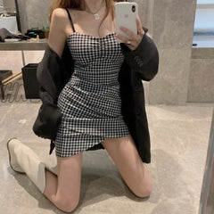 Hnewly Sleeveless Dress Women Sexy Backless Houndstooth Teens Trendy Ins Body-Con Slim Spaghetti