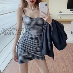 Hnewly Sleeveless Dress Women Sexy Backless Houndstooth Teens Trendy Ins Body-Con Slim Spaghetti