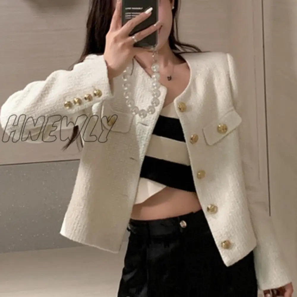 Hnewly Small Fragrance Tweed Jacket Coat Women Single Breasted Woolen Short Coats New Autumn Winter
