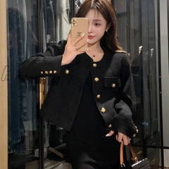 Hnewly Small Fragrance Tweed Jacket Coat Women Single Breasted Woolen Short Coats New Autumn Winter