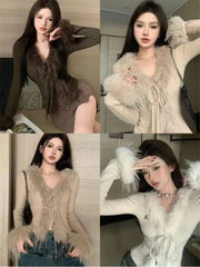 Hnewly Solid Color Fur Knitted V-Neck Tie Cardigan Women Clothes Cropped Fashion Hot Girls Y2K Tops