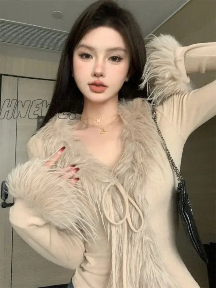 Hnewly Solid Color Fur Knitted V-Neck Tie Cardigan Women Clothes Cropped Fashion Hot Girls Y2K Tops