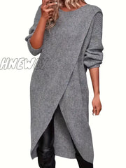 Hnewly Solid Knitted Crew Neck Dress Casual Asymmetrical Hem Long Sleeve Women’s Clothing