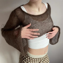 Hnewly Solid Knitted Crop Top Sun Protetcion Breathable Y2K T Shirt O Neck Long Sleeve Smock Retro