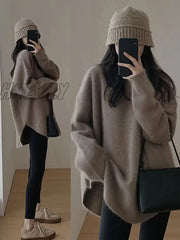 Hnewly Solid Knitted Sweater Women Split Oversized O-Neck Casual All-Match Pullover Female Long