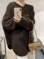 Hnewly Solid Knitted Sweater Women Split Oversized O-Neck Casual All-Match Pullover Female Long